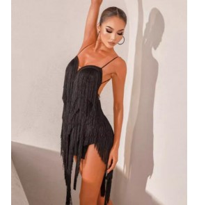 Long fringe latin dance dresses for women girls black orange pink tassels salsa rumba chacha stage performance dance wear for lady